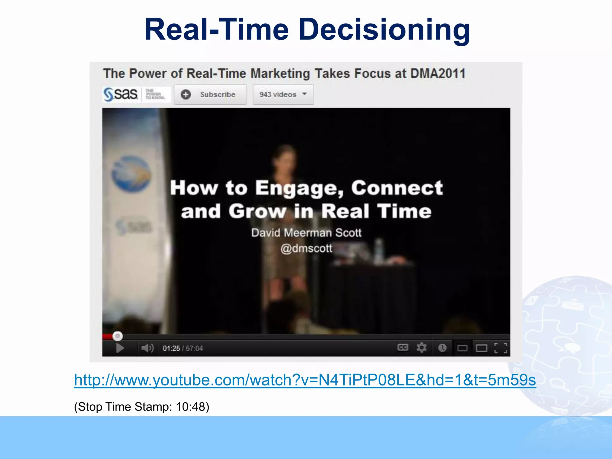 Real-Time Decisioning




http://www.youtube.com/watch?v=N4TiPtP08LE&hd=1&t=5m59s
(Stop Time Stamp: 10:48)
                                                                                       35



                           Copyright © 2011, SAS Institute Inc. All rights reserved.
 