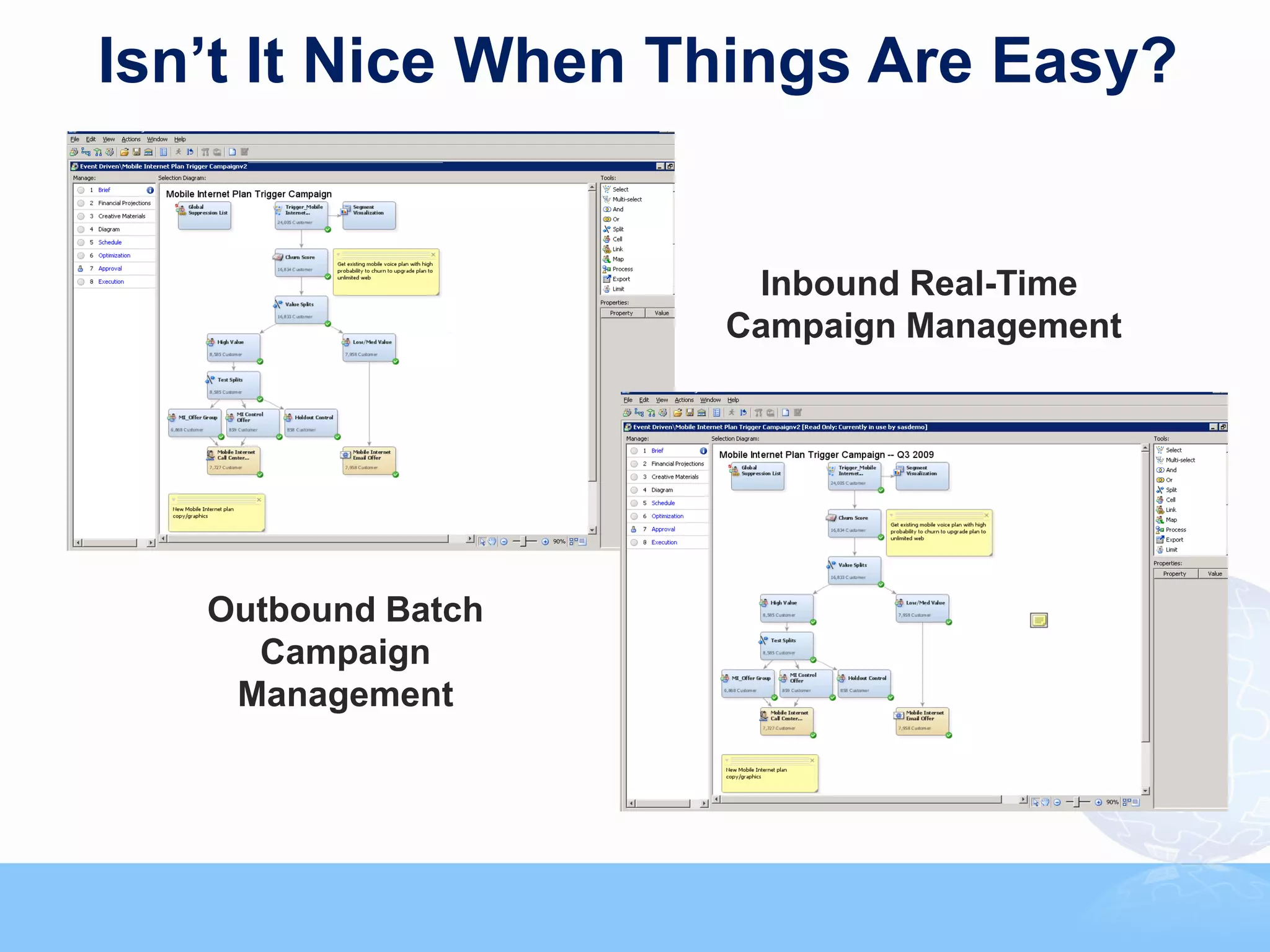 Isn’t It Nice When Things Are Easy?


                                                                    Inbound Real-Time
                                                                   Campaign Management




   Outbound Batch
     Campaign
    Management



                                                                                         39



                    Copyright © 2011, SAS Institute Inc. All rights reserved.
 