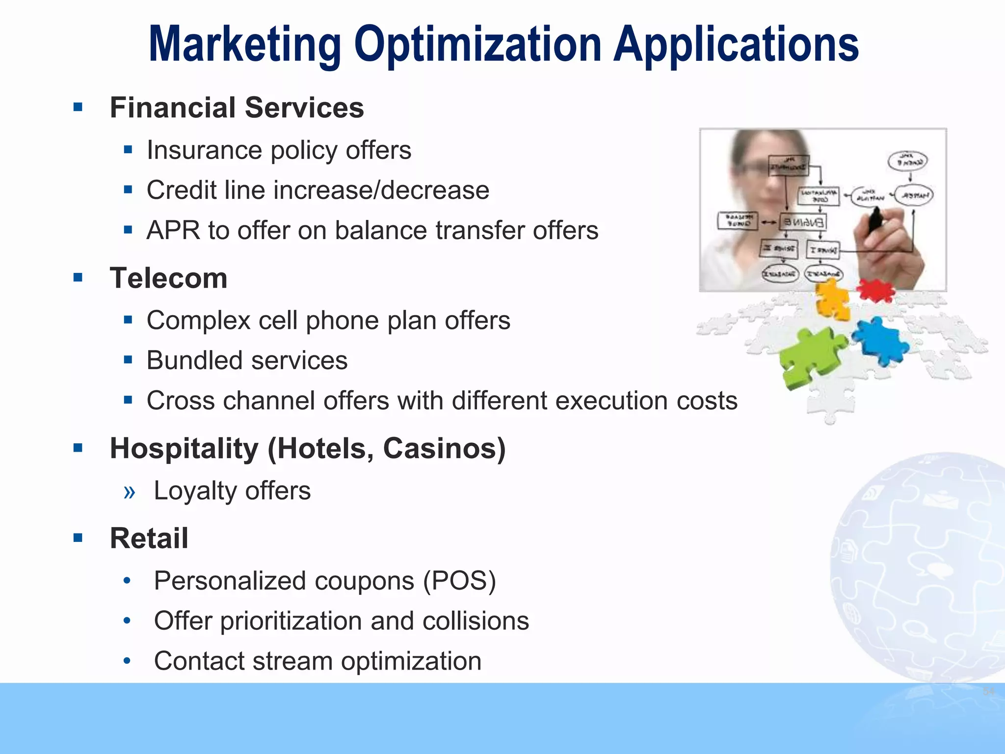 Marketing Optimization Applications
 Financial Services
    Insurance policy offers
    Credit line increase/decrease
    APR to offer on balance transfer offers
 Telecom
    Complex cell phone plan offers
    Bundled services
    Cross channel offers with different execution costs
 Hospitality (Hotels, Casinos)
   » Loyalty offers
 Retail
   • Personalized coupons (POS)
   • Offer prioritization and collisions
   • Contact stream optimization
                                                           54
 