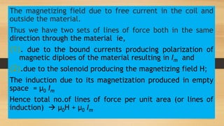 The magnetizing field due to free current in the coil and
outside the material.
Thus we have two sets of lines of force both in the same
direction through the material ie,
(1). due to the bound currents producing polarization of
magnetic diploes of the material resulting in Im and
(2).due to the solenoid producing the magnetizing field H;
The induction due to its magnetization produced in empty
space = µ0 Im
Hence total no.of lines of force per unit area (or lines of
induction)  µ0H + µ0 Im
 