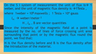 On the S I system of measurement the unit of flux is 1
weber, and the unit of magnetic flux density is 1Tesla ,
where 1weber = 108 maxwells ; 1 Tesla = 104 gauss
Im  weber/meter 2
H , Im , B are vector quantities
Since the intensity of the magnetic field at a point is
measured by the no. of lines of force crossing unit area
surrounding that point or by the magnetic flux round the
point, we find that:
H is the flux density before and B is the flux density after
the introduction of the material.
 