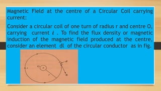 Magnetic Field at the centre of a Circular Coil carrying
current:
Consider a circular coil of one turn of radius r and centre O,
carrying current 𝒊 . To find the flux density or magnetic
induction of the magnetic field produced at the centre,
consider an element dl of the circular conductor as in fig.
 