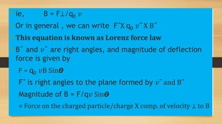 • ie, B = F⊥/q0 𝑣
• Or in general , we can write F⃗X q0 𝑣⃗ X B⃗
• This equation is known as Lorenz force law
• Bˆ and 𝑣ˆ are right angles, and magnitude of deflection
force is given by
F = q0 𝑣B Sin𝞡
F⃗ is right angles to the plane formed by 𝑣⃗ and B⃗
Magnitude of B = F/q𝑣 Sin𝞡
= Force on the charged particle/charge X comp. of velocity ⊥ to B
 