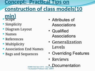 Concept: Practical Tips on
construction of class models(10
min)
OOMD Odd Sem 2015 - Kiran Babu
T.S,Assistant Professor CSE, CMRIT
 Scope
 Simplicity
 Diagram Layout
 Names
 References
 Multiplicity
 Association End Names
 Bags and Sequences
• Attributes of
Associations
• Qualified
Associations
• Generalization
Levels
• Overriding Features
• Reviews
• Documentation
 