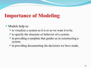 55
Importance of Modeling
 Models help us
 to visualize a system as it is or as we want it to be.
 to specify the structure or behavior of a system.
 in providing a template that guides us in constructing a
system.
 in providing documenting the decisions we have made.
 
