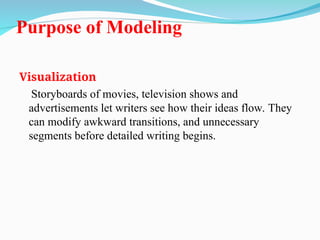 Purpose of Modeling
Visualization
Storyboards of movies, television shows and
advertisements let writers see how their ideas flow. They
can modify awkward transitions, and unnecessary
segments before detailed writing begins.
 