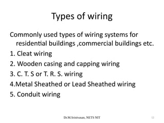 Dr.M.Srinivasan, NETS NIT 12
Commonly used types of wiring systems for
residential buildings ,commercial buildings etc.
1. Cleat wiring
2. Wooden casing and capping wiring
3. C. T. S or T. R. S. wiring
4.Metal Sheathed or Lead Sheathed wiring
5. Conduit wiring
Types of wiring
 