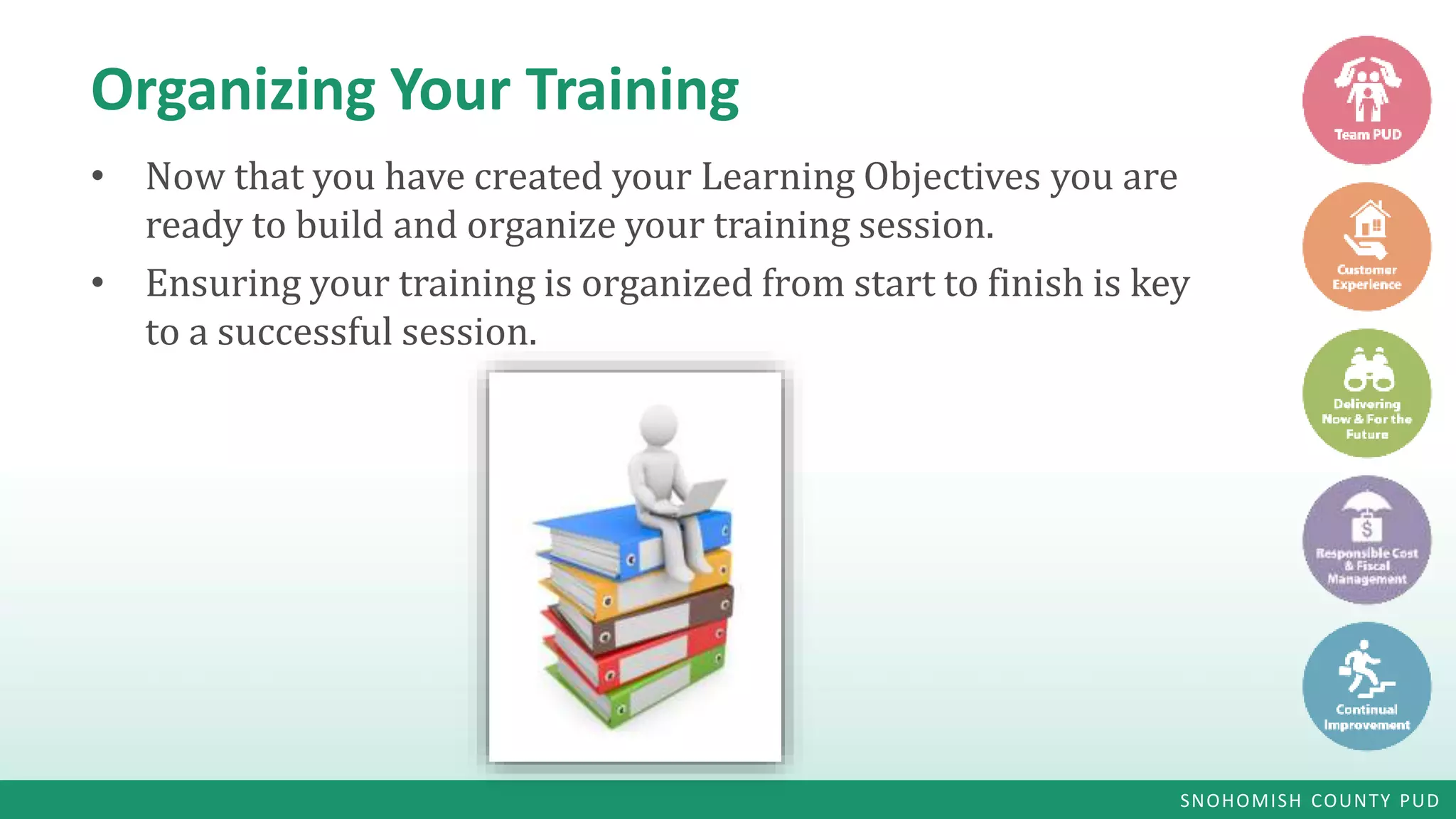 SNOHOMISH COUNTY PUD
Organizing Your Training
• Now that you have created your Learning Objectives you are
ready to build and organize your training session.
• Ensuring your training is organized from start to finish is key
to a successful session.
 