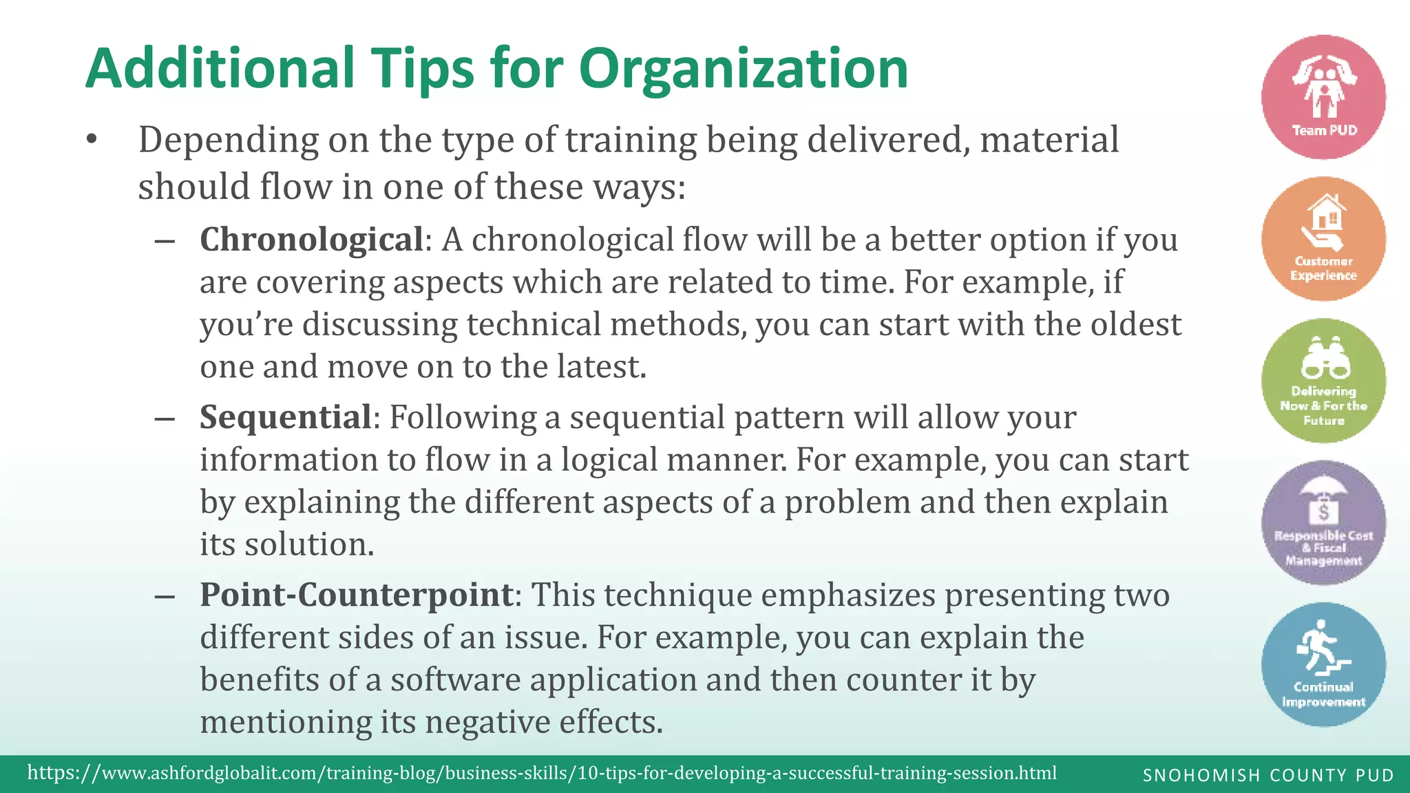 SNOHOMISH COUNTY PUD
Additional Tips for Organization
• Depending on the type of training being delivered, material
should flow in one of these ways:
– Chronological: A chronological flow will be a better option if you
are covering aspects which are related to time. For example, if
you’re discussing technical methods, you can start with the oldest
one and move on to the latest.
– Sequential: Following a sequential pattern will allow your
information to flow in a logical manner. For example, you can start
by explaining the different aspects of a problem and then explain
its solution.
– Point-Counterpoint: This technique emphasizes presenting two
different sides of an issue. For example, you can explain the
benefits of a software application and then counter it by
mentioning its negative effects.
https://www.ashfordglobalit.com/training-blog/business-skills/10-tips-for-developing-a-successful-training-session.html
 
