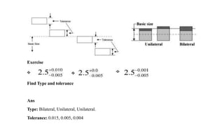Exercise
Find Type and tolerance
Ans
Type: Bilateral, Unilateral, Unilateral.
Tolerance: 0.015, 0.005, 0.004
 