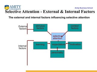 Amity Business School
Selective Attention - External & Internal Factors
The external and internal factors influencing selective attention
expectations motivation
selective
attention
stimulus
factors
context
factors
learning
personality
External
factors
Internal
factors
 