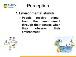 Perception
1.Environmental stimuli
– People receive stimuli
from the environment
through their senses when
they observe their
environment:
 