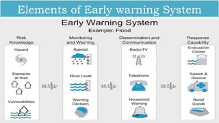  Risk Knowledge: Risk assessment provides essential information to set priorities for
mitigation & prevention strategies & designing early warning systems.
 Monitoring & Predicting: its provide timely estimates of the potential risk faced by
communities, economies & the environment.
 Disseminating Information: Communication systems are needed for delivering warning
messages to the potentially affected locations to alert the regional governmental agencies.
The messages need to be reliable, simple to be understood by authorities & public.
 Response: Coordination, good governance & action plans are a key point in effective early
warning. Likewise, public awareness & education are critical aspects of disaster mitigation.
Elements of Early warning System
 