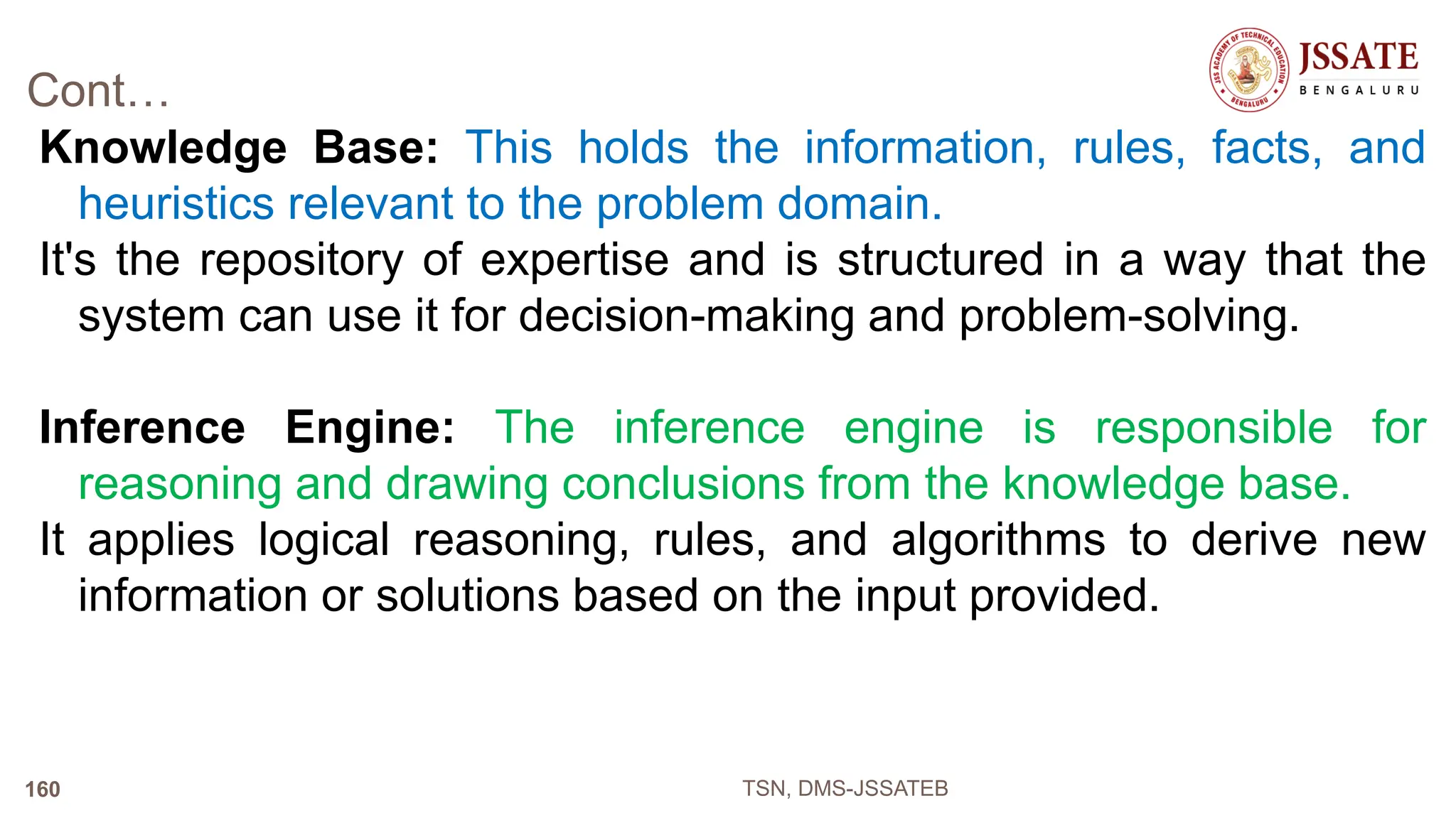 Cont…
Knowledge Base: This holds the information, rules, facts, and
heuristics relevant to the problem domain.
It's the repository of expertise and is structured in a way that the
system can use it for decision-making and problem-solving.
Inference Engine: The inference engine is responsible for
reasoning and drawing conclusions from the knowledge base.
It applies logical reasoning, rules, and algorithms to derive new
information or solutions based on the input provided.
TSN, DMS-JSSATEB
160
 