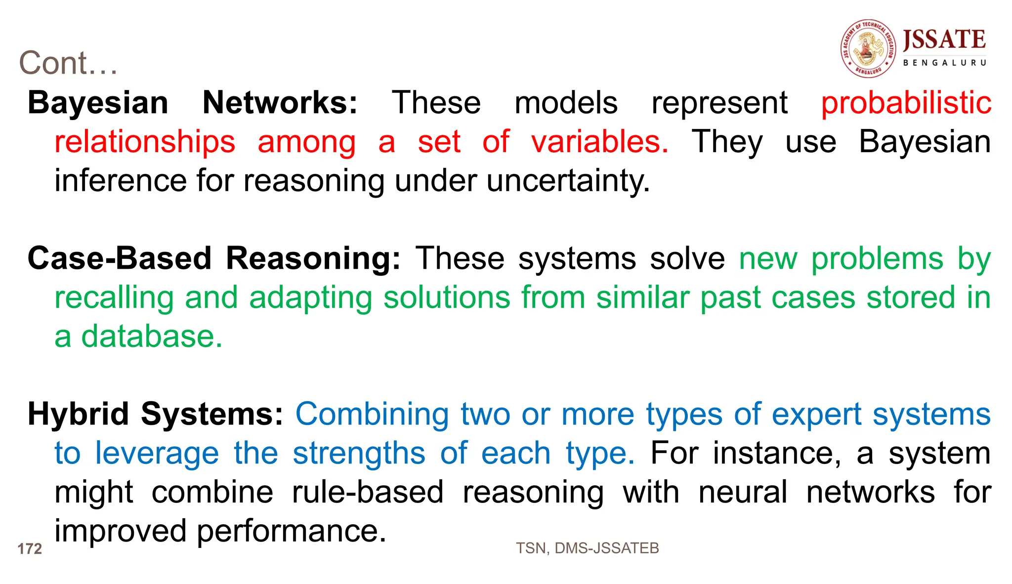 Cont…
Bayesian Networks: These models represent probabilistic
relationships among a set of variables. They use Bayesian
inference for reasoning under uncertainty.
Case-Based Reasoning: These systems solve new problems by
recalling and adapting solutions from similar past cases stored in
a database.
Hybrid Systems: Combining two or more types of expert systems
to leverage the strengths of each type. For instance, a system
might combine rule-based reasoning with neural networks for
improved performance. TSN, DMS-JSSATEB
172
 