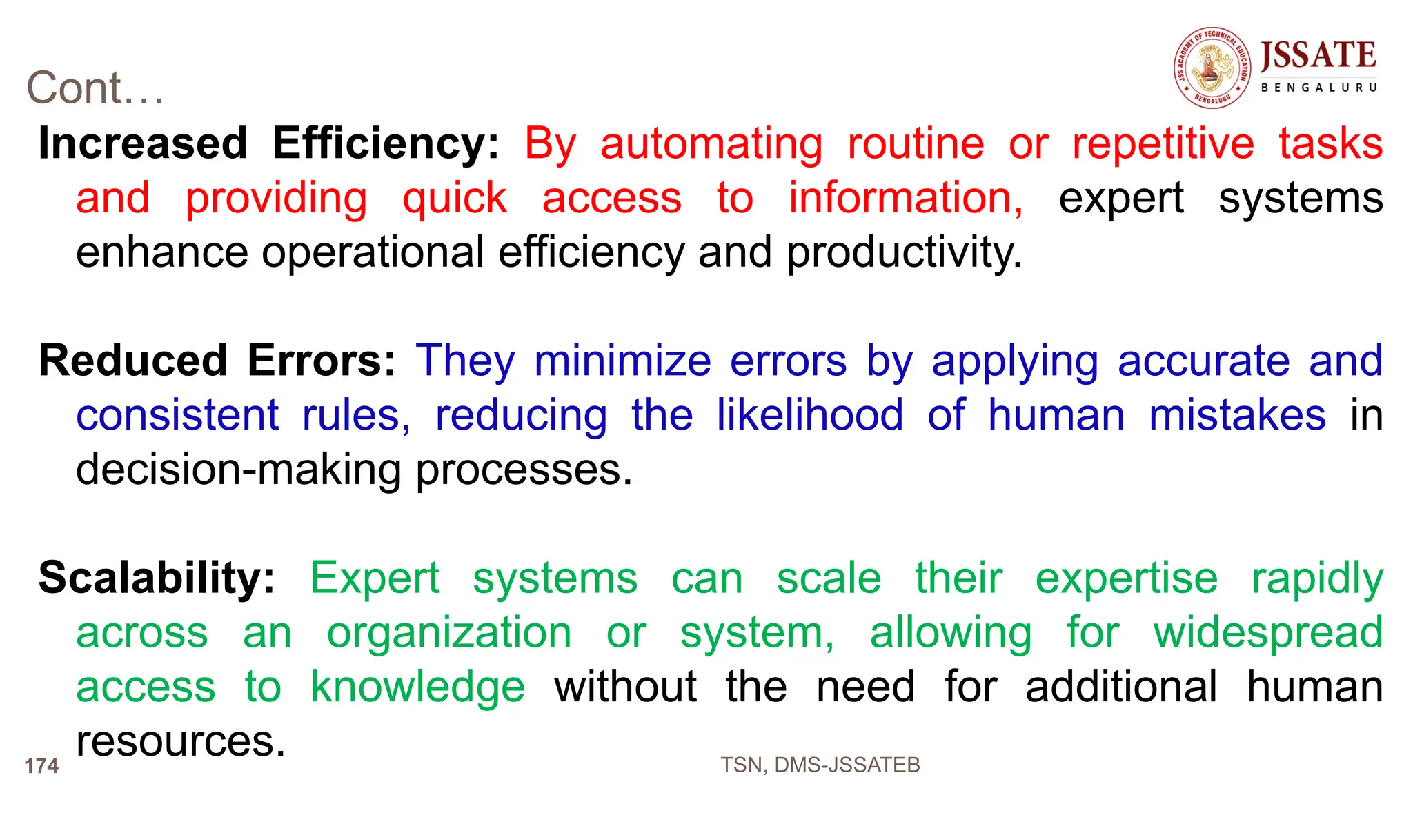 Cont…
Increased Efficiency: By automating routine or repetitive tasks
and providing quick access to information, expert systems
enhance operational efficiency and productivity.
Reduced Errors: They minimize errors by applying accurate and
consistent rules, reducing the likelihood of human mistakes in
decision-making processes.
Scalability: Expert systems can scale their expertise rapidly
across an organization or system, allowing for widespread
access to knowledge without the need for additional human
resources. TSN, DMS-JSSATEB
174
 