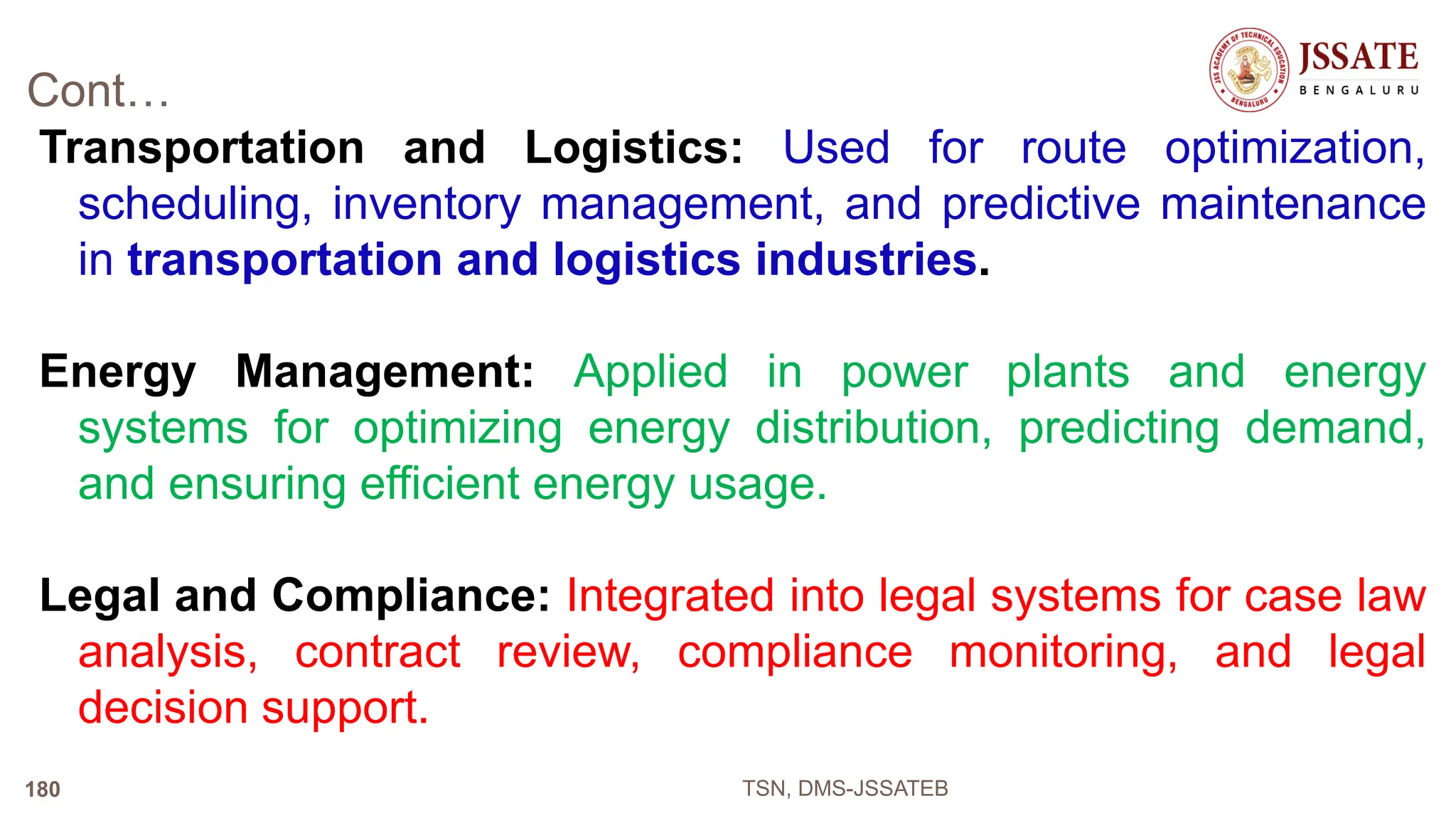 Cont…
Transportation and Logistics: Used for route optimization,
scheduling, inventory management, and predictive maintenance
in transportation and logistics industries.
Energy Management: Applied in power plants and energy
systems for optimizing energy distribution, predicting demand,
and ensuring efficient energy usage.
Legal and Compliance: Integrated into legal systems for case law
analysis, contract review, compliance monitoring, and legal
decision support.
TSN, DMS-JSSATEB
180
 