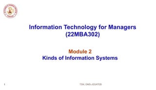 Information Technology for Managers
(22MBA302)
Module 2
Kinds of Information Systems
TSN, DMS-JSSATEB
1
 