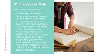 Invest in planning to save costs later on.
01 Strategy as a PLAN
The advantages of effective
planning are manifold. Planning
involves little cost, while later
strategy steps can be more
expensive. The more planning a
company does, the more likely it
is to achieve its goals and
minimise risks. Tools such as
SWOT analysis, the PEST analysis
(Module 1) and the Portfolio
analysis help you develop a
successful plan. Effective plans
help managers provide clarity to
their teams and define actionable
steps for each goal. Photo: Andrea Piacquadio
https://uk.indeed.com/career-advice/career-development/mintzberg-5-ps-of-strategy
 
