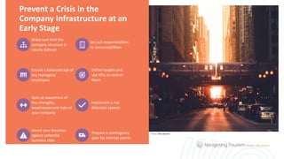 Prevent a Crisis in the
Company Infrastructure at an
Early Stage
Make sure that the
company structure is
clearly defined
Set out responsibilities
or accountabilities
Ensure a balanced age of
key managers/
employees
Define targets and
use KPIs to control
them
Gain an awareness of
the strengths,
weaknesses and risks of
your company
Implement a risk
detection system
Insure your business
against potential
business risks
Prepare a contingency
plan for internal events
Photo: Max Bender
 
