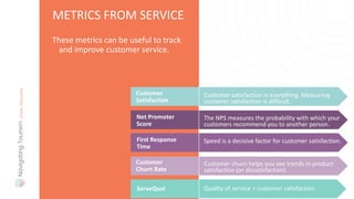 These metrics can be useful to track
and improve customer service.
METRICS FROM SERVICE
Customer
Satisfaction
Customer satisfaction is everything. Measuring
customer satisfaction is difficult.
Net Promoter
Score
The NPS measures the probability with which your
customers recommend you to another person.
First Response
Time
Speed is a decisive factor for customer satisfaction.
Customer
Churn Rate
Customer churn helps you see trends in product
satisfaction (or dissatisfaction).
ServeQual Quality of service + customer satisfaction
 