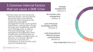 Internal crises are not caused by
external factors, but by internal
wrong decisions and deficits.
These are often located at the
leadership and higher
management levels and manifest
themselves, among other things,
through poor leadership, lack of
crisis management as well as
financial knowledge, lack of
operational management skills,
insufficient communication as
well as strategic misalignments. In
practice, it is mainly internal
causes of crises that are
considered, as they are the main
cause of insolvencies.
5 Common Internal Factors
that can cause a SME Crisis
Lack of financial
knowledge and KPIs
(Module 4)
Strategic
misalignment
(Module 2)
Poor leadership (Module 6)
Lack of operational
efficiency & poor
communication
(Module 5)
No reactive crisis
management
(Module 3)
 