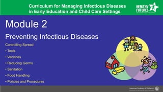 Curriculum for Managing Infectious Diseases
in Early Education and Child Care Settings
Module 2
Preventing Infectious Diseases
Controlling Spread
• Tools
• Vaccines
• Reducing Germs
• Sanitation
• Food Handling
• Policies and Procedures
 