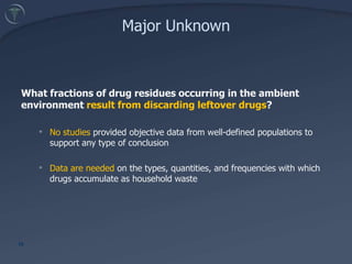 Accumulation and Disposal of PharmaceuticalsRuhoy IS and Daughton CG "Beyond the Medicine Cabinet: An Analysis of Where and Why Medications Accumulate," Environ. Internat., 2008, 34(8):1157-1169; doi:10.1016/j.envint.2008.05.002; available: www.epa.gov/nerlesd1/bios/daughton/EnvInt2008.pdf