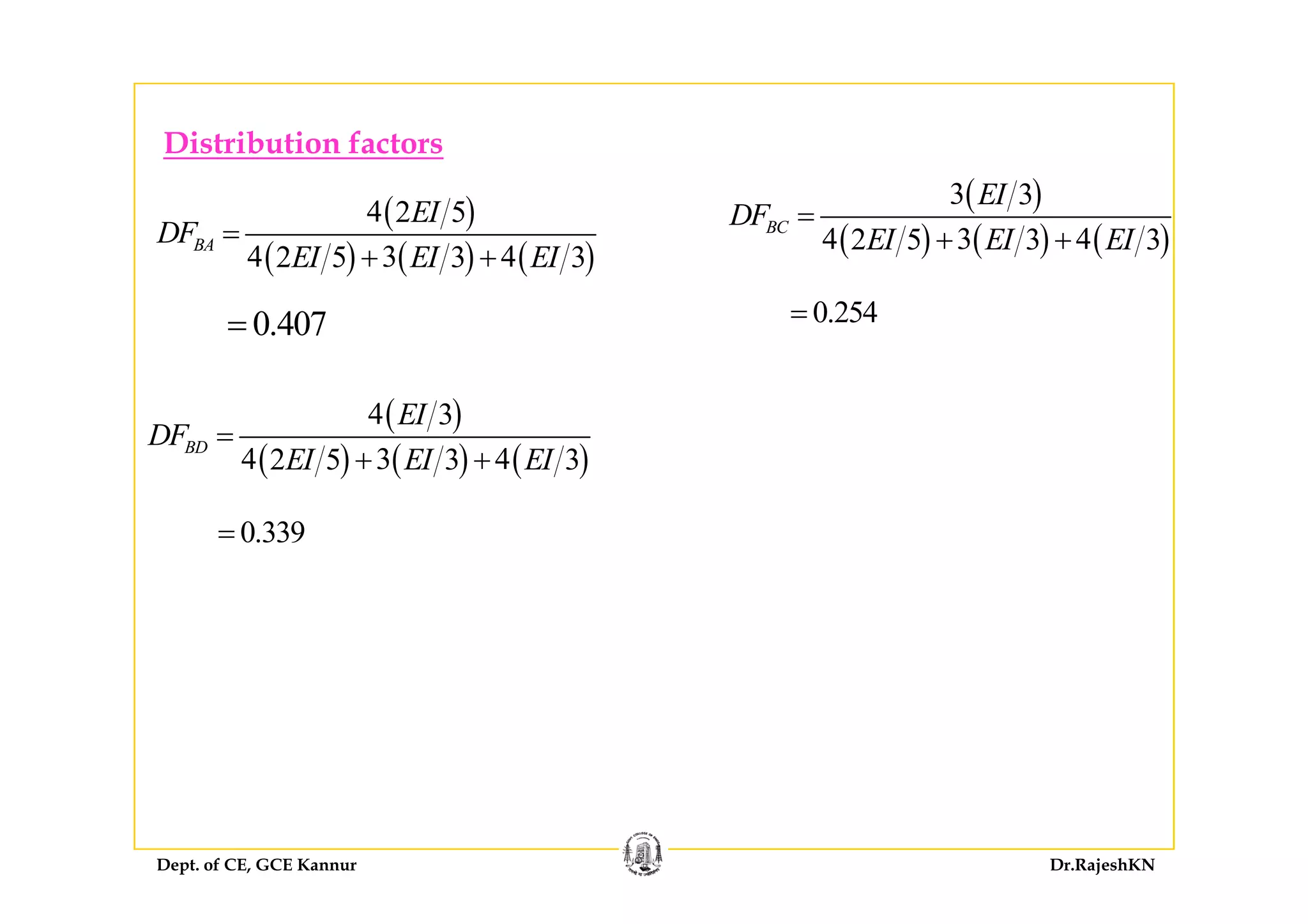 Distribution factors
( )
( ) ( ) ( )
4 2 5
4 3 42 5 3 3
BA
EI
DF
EI EI EI
=
+ +
( )
( ) ( ) ( )
3 3
4 3 42 5 3 3
BC
EI
DF
EI EI EI
=
+ +
Distribution factors
( ) ( ) ( )4 3 42 5 3 3EI EI EI+ +
( ) ( ) ( )
0.407= 0.254=
( )
( ) ( ) ( )
4 3
4 3 42 5 3 3
BD
EI
DF
EI EI EI
=
+ +( ) ( ) ( )4 3 42 5 3 3EI EI EI+ +
0.339=
Dept. of CE, GCE Kannur Dr.RajeshKN
 