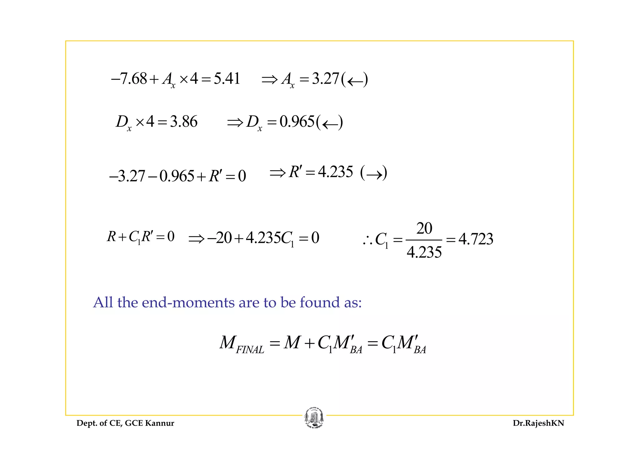 ( )7.68 4 5.41xA− + × = ( )3.27xA⇒ = ←
4 3 86D × = ( )0 965D⇒ = ←4 3.86xD × = ( )0.965xD⇒ = ←
3 27 0 965 0R′+ ( )4 235R′⇒ = →3.27 0.965 0R− − + = ( )4.235R⇒ = →
20
1 0R C R′+ = 120 4.235 0C⇒− + = 1
20
4.723
4.235
C∴ = =
All the end-moments are to be found as:
1 1FINAL BA BAM M C M C M′ ′= + =
Dept. of CE, GCE Kannur Dr.RajeshKN
 