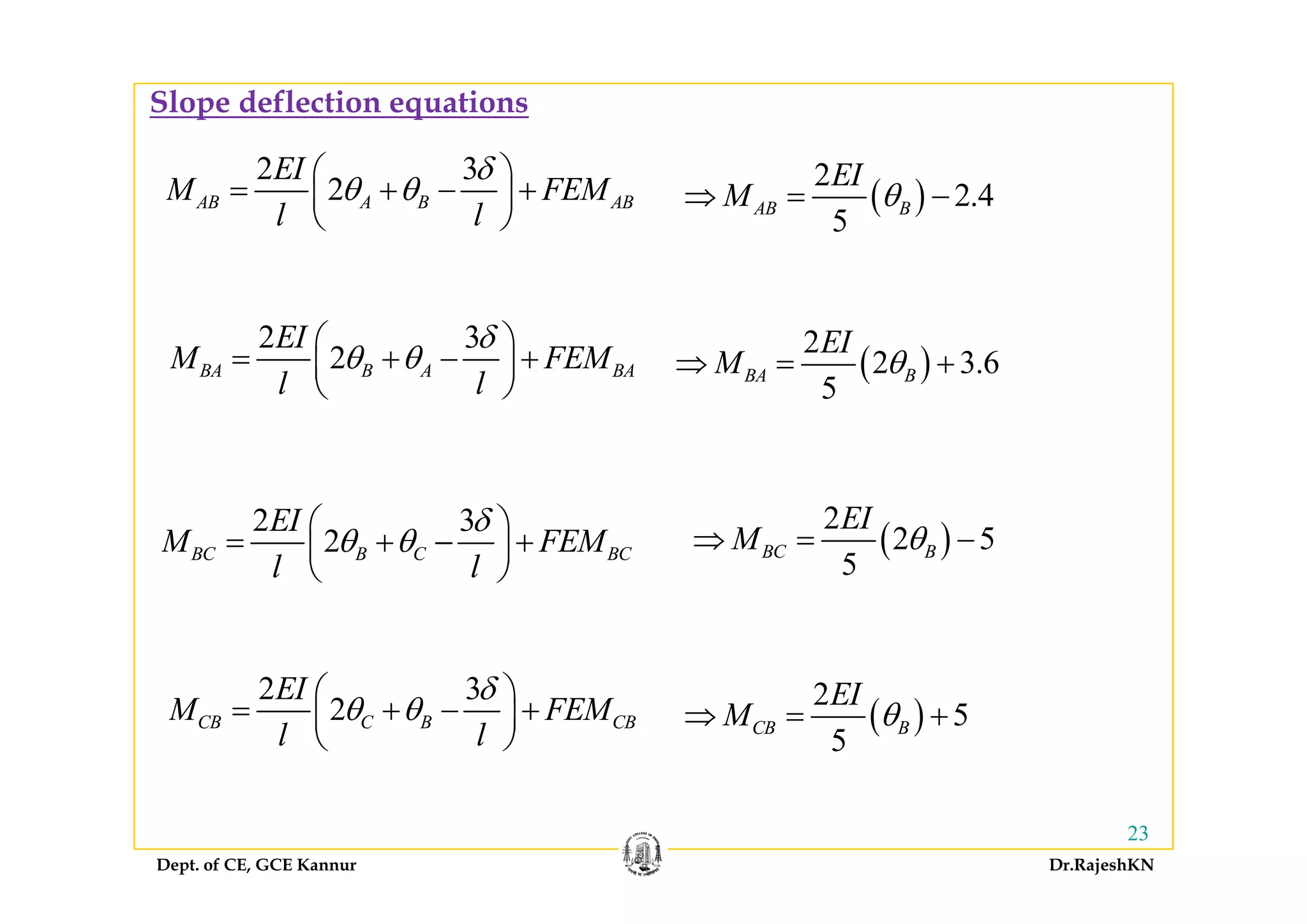 Slope deflection equations
2 3
2AB A B AB
EI
M FEM
l l
δ
θ θ
⎛ ⎞
= + − +⎜ ⎟
⎝ ⎠
( )
2
2.4
5
AB B
EI
M θ⇒ = −
2 3
2
EI
M FEM
δ
θ θ
⎛ ⎞
= + +⎜ ⎟ ( )
2
2 3 6
EI
M θ⇒ +2BA B A BAM FEM
l l
θ θ= + − +⎜ ⎟
⎝ ⎠
( )2 3.6
5
BA BM θ⇒ = +
( )
2
2 5
5
BC B
EI
M θ⇒ = −
2 3
2BC B C BC
EI
M FEM
l l
δ
θ θ
⎛ ⎞
= + − +⎜ ⎟
⎝ ⎠ 5l l⎝ ⎠
2 3
2CB C B CB
EI
M FEM
l l
δ
θ θ
⎛ ⎞
= + − +⎜ ⎟
⎝ ⎠
( )
2
5
5
CB B
EI
M θ⇒ = +
Dept. of CE, GCE Kannur Dr.RajeshKN
23
 