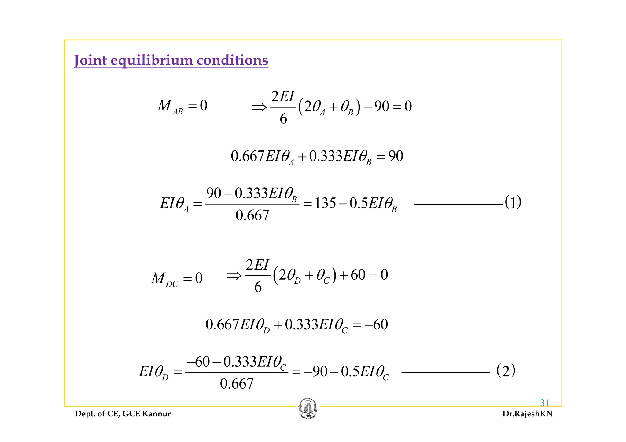 Joint equilibrium conditions
0ABM = ( )
2
2 90 0
6
A B
EI
θ θ⇒ + − =
6
0.667 0.333 90A BEI EIθ θ+ =
( )1
90 0.333
135 0.5
0.667
B
A B
EI
EI EI
θ
θ θ
−
= = −
( )
2
2 60 0
EI
θ θ0DCM = ( )2 60 0
6
D Cθ θ⇒ + + =
0 667 0 333 60EI EIθ θ
( )2
0.667 0.333 60D CEI EIθ θ+ = −
60 0.333
90 0 5CEI
EI EI
θ
θ θ
− −
= =
Dept. of CE, GCE Kannur Dr.RajeshKN
31
( )290 0.5
0.667
D CEI EIθ θ= = − −
 