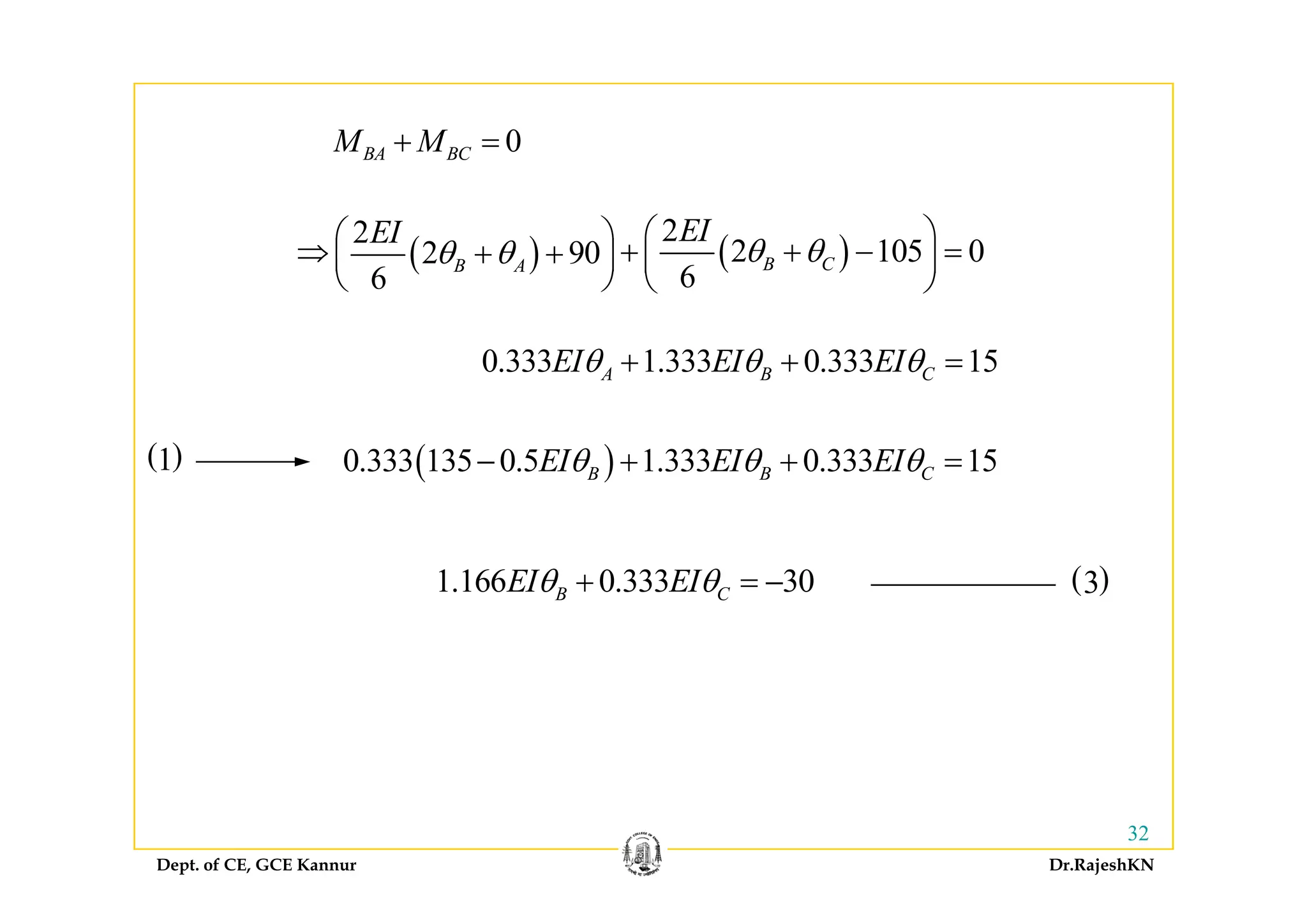 0BA BCM M+ = 0BA BCM M+
( ) ( )
22
2 105 02 90
EIEI
θ θθ θ
⎛ ⎞⎛ ⎞⇒ + + =+ +⎜ ⎟ ⎜ ⎟( ) ( )2 105 02 90
66
B CB A
θ θθ θ⇒ + + − =+ +⎜ ⎟ ⎜ ⎟
⎝ ⎠ ⎝ ⎠
0 333 1 333 0 333 15EI EI EIθ θ θ+ +0.333 1.333 0.333 15A B CEI EI EIθ θ θ+ + =
( )0 333 1 333 0 333 15135 0 5 EI EIEI θ θθ + + =( )1
( )
( )0.333 1.333 0.333 15135 0.5 B CB EI EIEI θ θθ + + =−( )1
( )31.166 0.333 30B CEI EIθ θ+ = −
Dept. of CE, GCE Kannur Dr.RajeshKN
32
 