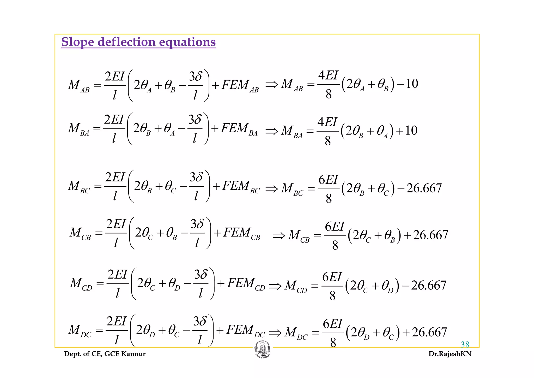 Slope deflection equations
2 3
2AB A B AB
EI
M FEM
l l
δ
θ θ
⎛ ⎞
= + − +⎜ ⎟
⎝ ⎠
( )
4
2 10
8
AB A B
EI
M θ θ⇒ = + −
2 3
2BA B A BA
EI
M FEM
l l
δ
θ θ
⎛ ⎞
= + − +⎜ ⎟
⎝ ⎠
( )
4
2 10
8
BA B A
EI
M θ θ⇒ = + +
( )
6
2 26 667
EI
M θ θ⇒ = + −
2 3
2BC B C BC
EI
M FEM
δ
θ θ
⎛ ⎞
= + − +⎜ ⎟ ( )2 26.667
8
BC B CM θ θ⇒ = + −
2 3
2
EI
M FEM
δ
θ θ
⎛ ⎞
= + +⎜ ⎟
2BC B C BCM FEM
l l
θ θ+ +⎜ ⎟
⎝ ⎠
( )
6
2 26 667
EI
M θ θ2CB C B CBM FEM
l l
θ θ= + − +⎜ ⎟
⎝ ⎠
( )2 26.667
8
CB C BM θ θ⇒ = + +
6EI2 3EI δ⎛ ⎞
( )
6
2 26.667
8
CD C D
EI
M θ θ⇒ = + −
2 3EI δ⎛ ⎞
2 3
2CD C D CD
EI
M FEM
l l
δ
θ θ
⎛ ⎞
= + − +⎜ ⎟
⎝ ⎠
Dept. of CE, GCE Kannur Dr.RajeshKN
38
2 3
2DC D C DC
EI
M FEM
l l
δ
θ θ
⎛ ⎞
= + − +⎜ ⎟
⎝ ⎠
( )
6
2 26.667
8
DC D C
EI
M θ θ⇒ = + +
 
