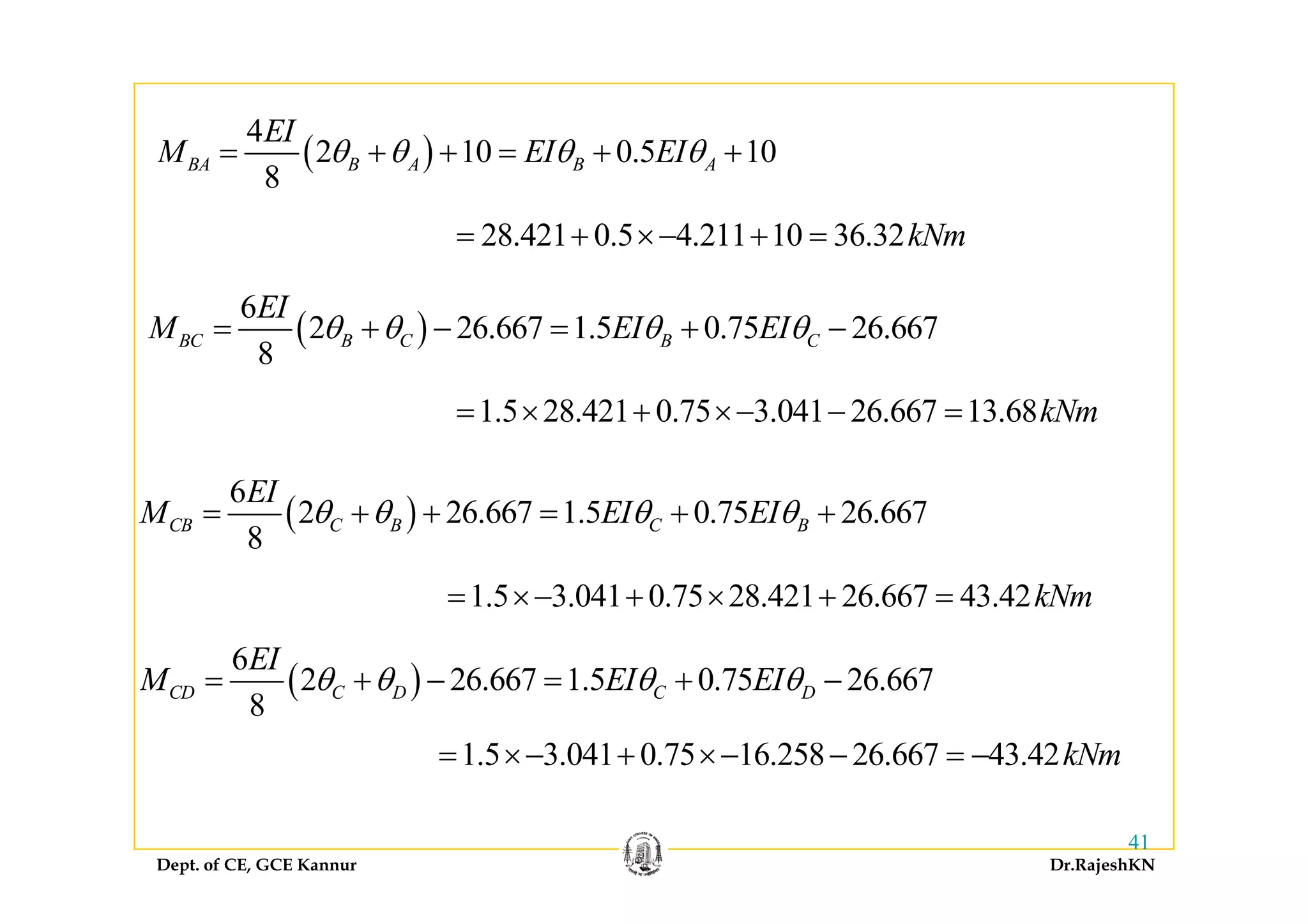 ( )
4
2 10 0 5 10
EI
M EI EIθ θ θ θ+ + + +( )2 10 0.5 10
8
BA B A B AM EI EIθ θ θ θ= + + = + +
28.421 0.5 4.211 10 36.32kNm= + ×− + =
( )
6
2 26.667 1.5 0.75 26.667
8
BC B C B C
EI
M EI EIθ θ θ θ= + − = + −
8
1.5 28.421 0.75 3.041 26.667 13.68kNm= × + ×− − =
( )
6
2 26.667 1.5 0.75 26.667
8
CB C B C B
EI
M EI EIθ θ θ θ= + + = + +
( )
6
2 26 667 1 5 0 75 26 667
EI
M EI EIθ θ θ θ
1.5 3.041 0.75 28.421 26.667 43.42kNm= ×− + × + =
( )2 26.667 1.5 0.75 26.667
8
CD C D C DM EI EIθ θ θ θ= + − = + −
1.5 3.041 0.75 16.258 26.667 43.42kNm= ×− + ×− − = −
Dept. of CE, GCE Kannur Dr.RajeshKN
41
 