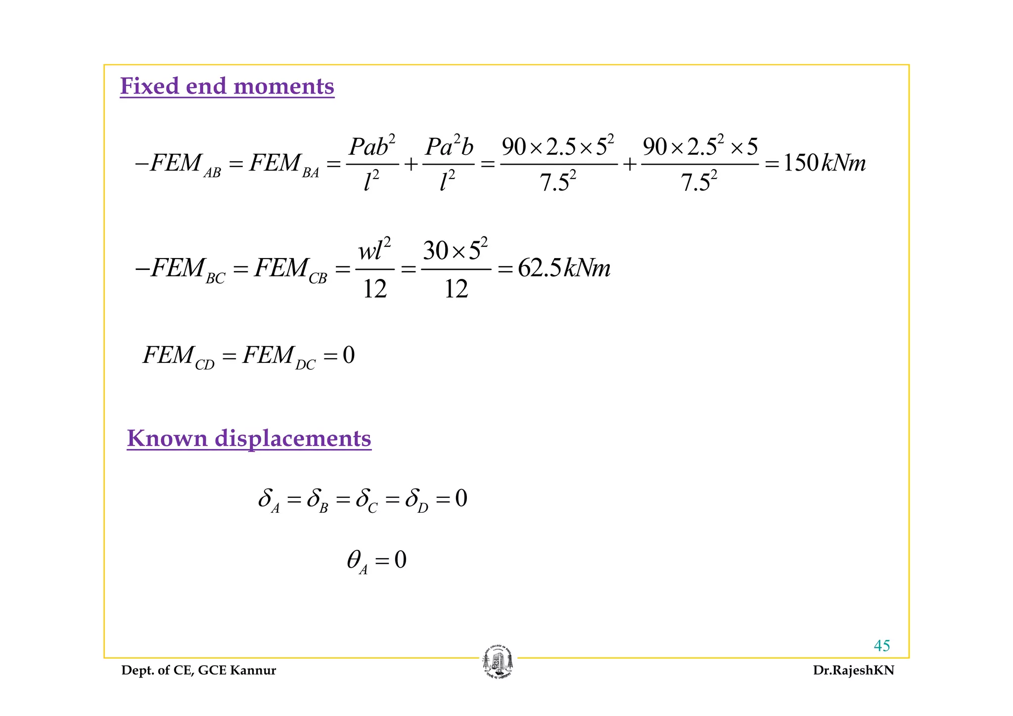 Fixed end moments
2 2 2 2
2 2 2 2
90 2.5 5 90 2.5 5
150
7.5 7.5
AB BA
Pab Pa b
FEM FEM kNm
l l
× × × ×
− = = + = + =
2 2
30 5
62.5BC CB
wl
FEM FEM kNm
×
− = = = =
12 12
BC CB
0FEM FEM= =
Known displacements
0CD DCFEM FEM= =
0A B C Dδ δ δ δ= = = =
Known displacements
0Aθ =
Dept. of CE, GCE Kannur Dr.RajeshKN
45
 