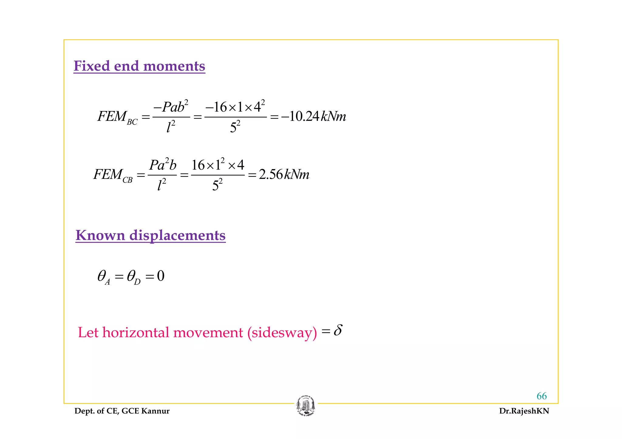 Fixed end moments
2 2
16 1 4
10.24BC
Pab
FEM kNm
− − × ×
= = = −
Fixed end moments
2 2
10.24
5
BCFEM kNm
l
2 2
16 1 4
2 56
Pa b
FEM kN
× ×
2 2
16 1 4
2.56
5
CB
Pa b
FEM kNm
l
= = =
Known displacements
0A Dθ θ= =
δ=Let horizontal movement (sidesway)
Dept. of CE, GCE Kannur Dr.RajeshKN
66
 