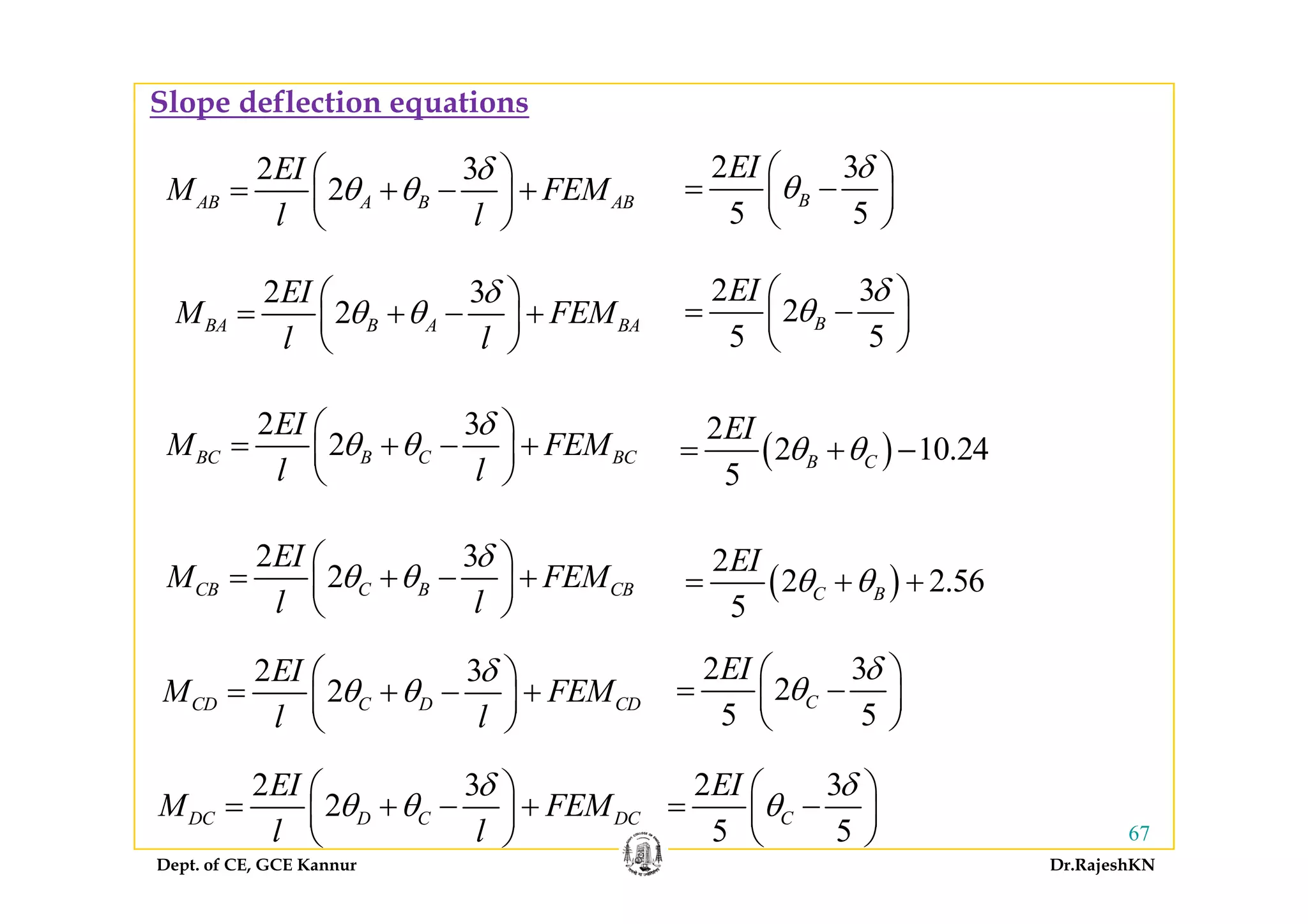 Slope deflection equations
2 3
2AB A B AB
EI
M FEM
l l
δ
θ θ
⎛ ⎞
= + − +⎜ ⎟
⎝ ⎠
2 3
5 5
B
EI δ
θ
⎛ ⎞
= −⎜ ⎟
⎝ ⎠
2 3
2BA B A BA
EI
M FEM
l l
δ
θ θ
⎛ ⎞
= + − +⎜ ⎟
⎝ ⎠
2 3
2
5 5
B
EI δ
θ
⎛ ⎞
= −⎜ ⎟
⎝ ⎠
2 3
2BC B C BC
EI
M FEM
l l
δ
θ θ
⎛ ⎞
= + − +⎜ ⎟
⎝ ⎠
( )
2
2 10.24B C
EI
θ θ= + −
2 3
2
EI
M FEM
δ
θ θ
⎛ ⎞
⎜ ⎟
BC B C BC
l l
⎜ ⎟
⎝ ⎠
( )
2EI
( )
5
B C
3
2CB C B CBM FEM
l l
δ
θ θ
⎛ ⎞
= + − +⎜ ⎟
⎝ ⎠
2 3EI δ⎛ ⎞
( )
2
2 2.56
5
C B
EI
θ θ= + +
2 3EI δ⎛ ⎞
2 3EI δ⎛ ⎞
2 3
2CD C D CD
EI
M FEM
l l
δ
θ θ
⎛ ⎞
= + − +⎜ ⎟
⎝ ⎠
2 3EI δ⎛ ⎞
2 3
2
5 5
C
EI δ
θ
⎛ ⎞
= −⎜ ⎟
⎝ ⎠
Dept. of CE, GCE Kannur Dr.RajeshKN
67
2 3
2DC D C DC
EI
M FEM
l l
δ
θ θ
⎛ ⎞
= + − +⎜ ⎟
⎝ ⎠
2 3
5 5
C
EI δ
θ
⎛ ⎞
= −⎜ ⎟
⎝ ⎠
 