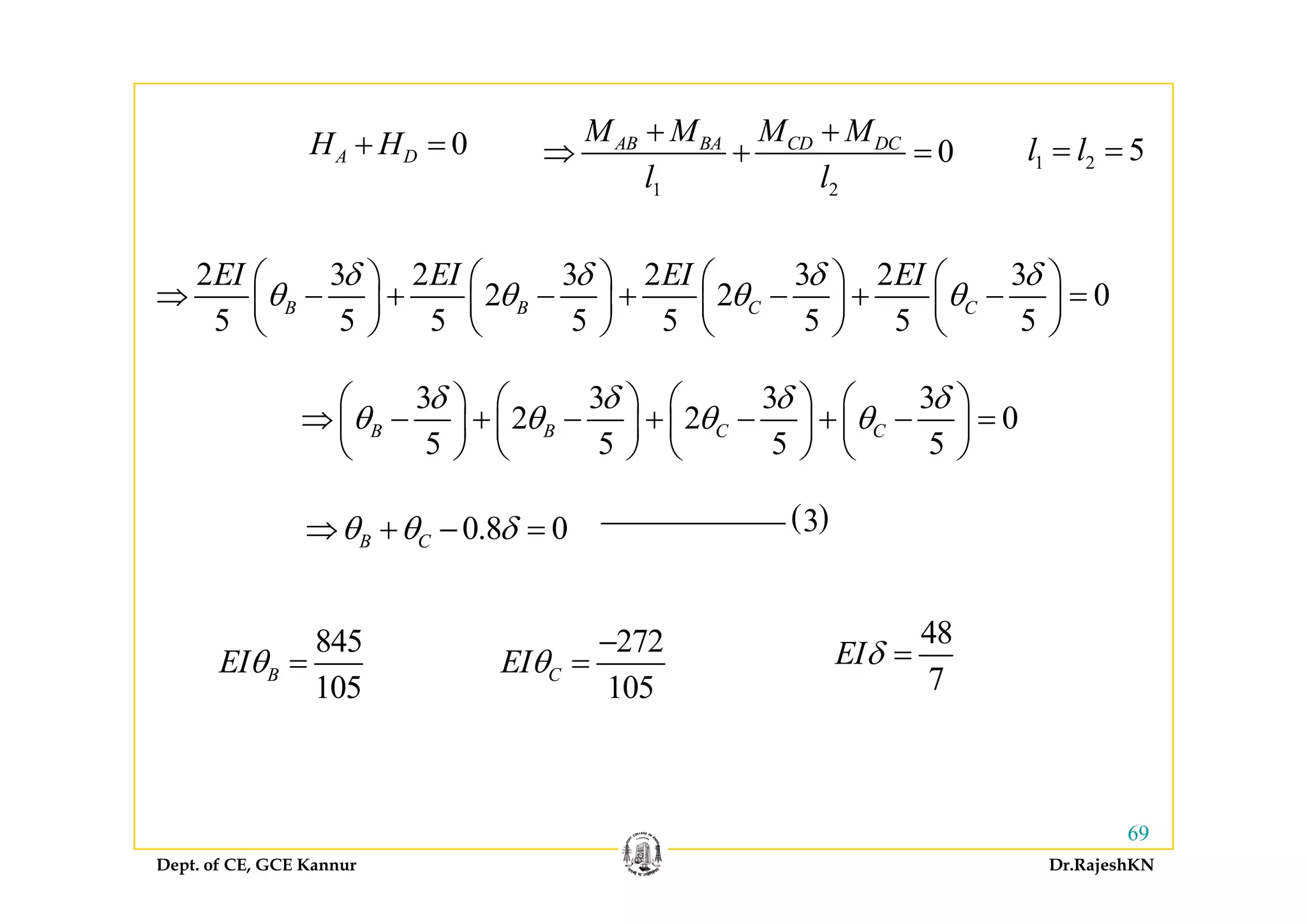 0H H+ = 0AB BA CD DCM M M M+ +
⇒ + 5l l0A DH H+ =
1 2
0AB BA CD DC
l l
⇒ + = 1 2 5l l= =
2 3 2 3 2 3 2 3
2 2 0
5 5 5 5 5 5 5 5
B B C C
EI EI EI EIδ δ δ δ
θ θ θ θ⎛ ⎞ ⎛ ⎞ ⎛ ⎞ ⎛ ⎞
⇒ − + − + − + − =⎜ ⎟ ⎜ ⎟ ⎜ ⎟ ⎜ ⎟
⎝ ⎠ ⎝ ⎠ ⎝ ⎠ ⎝ ⎠
3 3 3 3
2 2 0
5 5 5 5
B B C C
δ δ δ δ
θ θ θ θ⎛ ⎞ ⎛ ⎞ ⎛ ⎞ ⎛ ⎞
⇒ − + − + − + − =⎜ ⎟ ⎜ ⎟ ⎜ ⎟ ⎜ ⎟
⎝ ⎠ ⎝ ⎠ ⎝ ⎠ ⎝ ⎠
0.8 0B Cθ θ δ⇒ + − = ( )3
845
BEIθ =
272
CEIθ
−
=
48
7
EIδ =
105
BEIθ
105
CEIθ 7
Dept. of CE, GCE Kannur Dr.RajeshKN
69
 