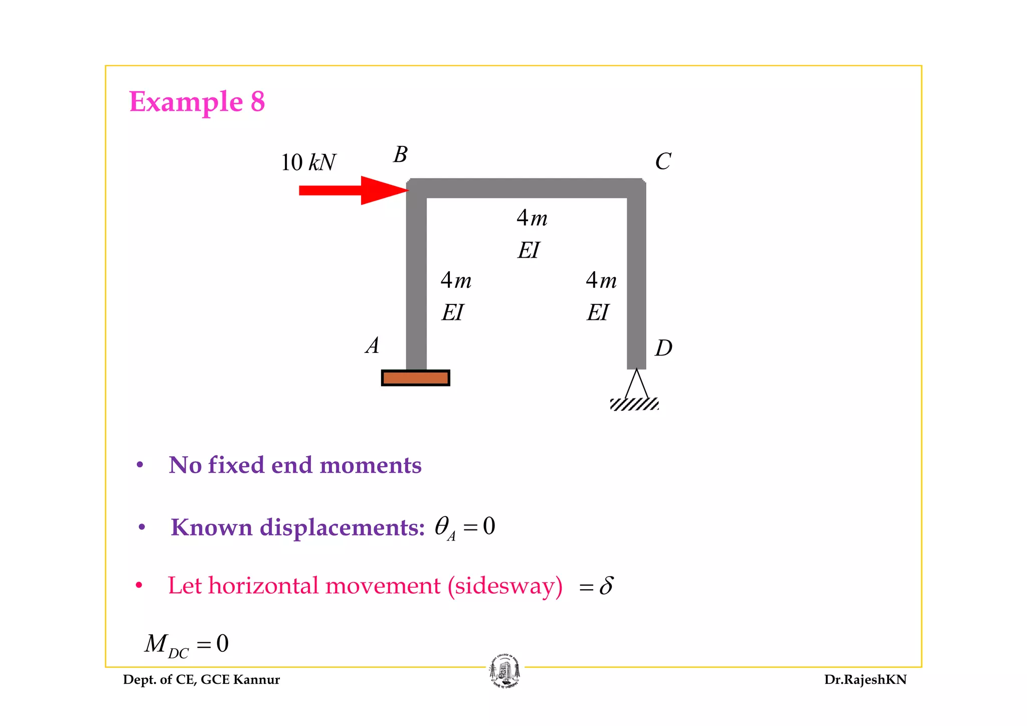 Example 8
10 kN B C
p
4m
4m
4m
EI
A D
4m 4m
EI EI
• No fixed end moments
• Known displacements: 0θ =• Known displacements: 0Aθ =
δ=• Let horizontal movement (sidesway)
Dept. of CE, GCE Kannur Dr.RajeshKN
0DCM =
 