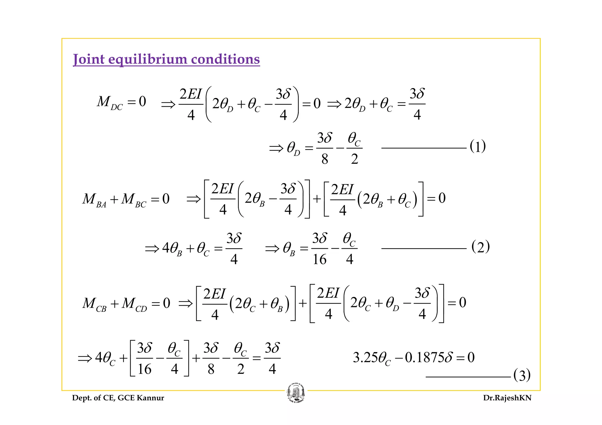 Joint equilibrium conditions
0DCM = 2 3
2 0
4 4
D C
EI δ
θ θ
⎛ ⎞
⇒ + − =⎜ ⎟
⎝ ⎠
3
2
4
D C
δ
θ θ⇒ + =
4 4⎝ ⎠
( )1
4
3
8 2
C
D
δ θ
θ⇒ = −
0BA BCM M+ = ( )
2 3 2
2 02
4 4 4
B B C
EI EIδ
θ θ θ
⎡ ⎤⎛ ⎞ ⎡ ⎤⇒ − + =+⎜ ⎟⎢ ⎥ ⎢ ⎥⎣ ⎦⎝ ⎠⎣ ⎦4 4 4⎣ ⎦⎝ ⎠⎣ ⎦
( )2
3
4
4
B C
δ
θ θ⇒ + =
3
16 4
C
B
δ θ
θ⇒ = −
0CB CDM M+ = ( )
2 32
2 02
4 4
C DC B
EIEI δ
θ θθ θ
⎡ ⎤⎛ ⎞⎡ ⎤⇒ + + − =+ ⎜ ⎟⎢ ⎥⎢ ⎥⎣ ⎦ ⎝ ⎠⎣ ⎦
4 16 4
CB CD ( )
4 44
C DC B ⎜ ⎟⎢ ⎥⎢ ⎥⎣ ⎦ ⎝ ⎠⎣ ⎦
3 3 3
4 C Cδ θ δ θ δ
θ
⎡ ⎤
⇒ + + =⎢ ⎥ 3 25 0 1875 0θ δ =
Dept. of CE, GCE Kannur Dr.RajeshKN
( )3
4
16 4 8 2 4
Cθ⇒ + − + − =⎢ ⎥⎣ ⎦
3.25 0.1875 0Cθ δ− =
 