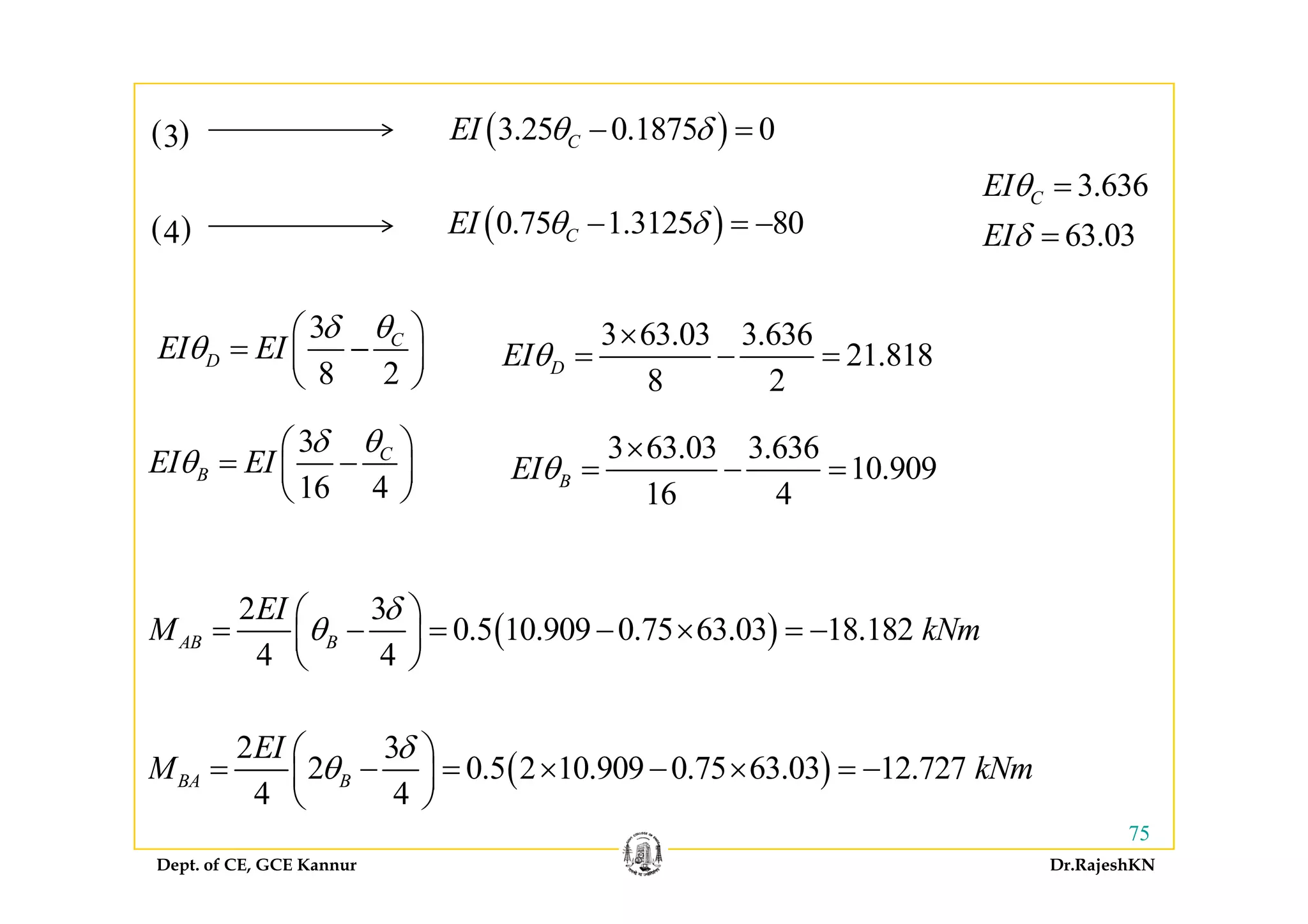 ( )3.25 0.1875 0CEI θ δ− =( )3 ( )C
( )0.75 1.3125 80CEI θ δ− = −
3.636
63.03
CEI
EI
θ
δ
=
=
( )
( )4
3 C
DEI EI
δ θ
θ
⎛ ⎞
= −⎜ ⎟
⎝ ⎠
3 63.03 3.636
21 818EIθ
×
= − =
8 2
DEI EIθ ⎜ ⎟
⎝ ⎠
3 C
EI EI
δ θ
θ
⎛ ⎞
= ⎜ ⎟
21.818
8 2
DEIθ = − =
3 63.03 3.636
10 909EIθ
×
16 4
BEI EIθ = −⎜ ⎟
⎝ ⎠
10.909
16 4
BEIθ = − =
( )
2 3
0.5 10.909 0.75 63.03 18.182
4 4
AB B
EI
M kNm
δ
θ
⎛ ⎞
= − = − × = −⎜ ⎟
⎝ ⎠
( )
2 3
2 0.5 2 10.909 0.75 63.03 12.727BA B
EI
M kNm
δ
θ
⎛ ⎞
= − = × − × = −⎜ ⎟
Dept. of CE, GCE Kannur Dr.RajeshKN
75
( )2 0.5 2 10.909 0.75 63.03 12.727
4 4
BA BM kNmθ × ×⎜ ⎟
⎝ ⎠
 