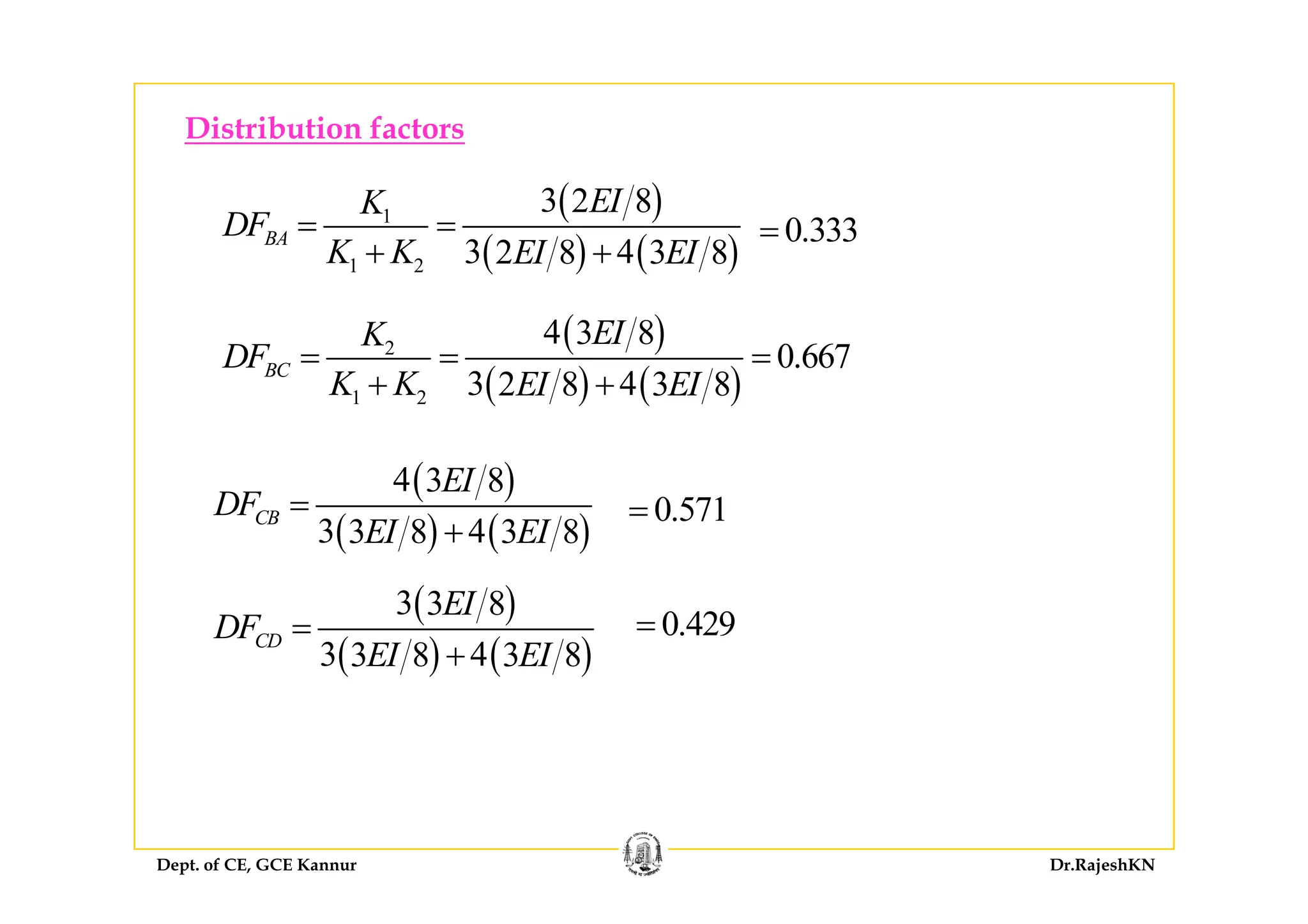 Distribution factors
( )
( ) ( )
1
3 2 8
3 42 8 3 8
BA
EIK
DF
K K EI EI
= =
+ +
0.333=
( ) ( )1 2 3 42 8 3 8K K EI EI+ +
( )2
4 3 8
0 667
EIK
DF = = =
( )
( ) ( )1 2
0.667
3 42 8 3 8
BCDF
K K EI EI
= = =
+ +
( )
( ) ( )
4 3 8
3 43 8 3 8
CB
EI
DF
EI EI
=
+
0.571=
0.429=
( )
( ) ( )
3 3 8
3 43 8 3 8
CD
EI
DF
EI EI
=
+( ) ( )
Dept. of CE, GCE Kannur Dr.RajeshKN
 