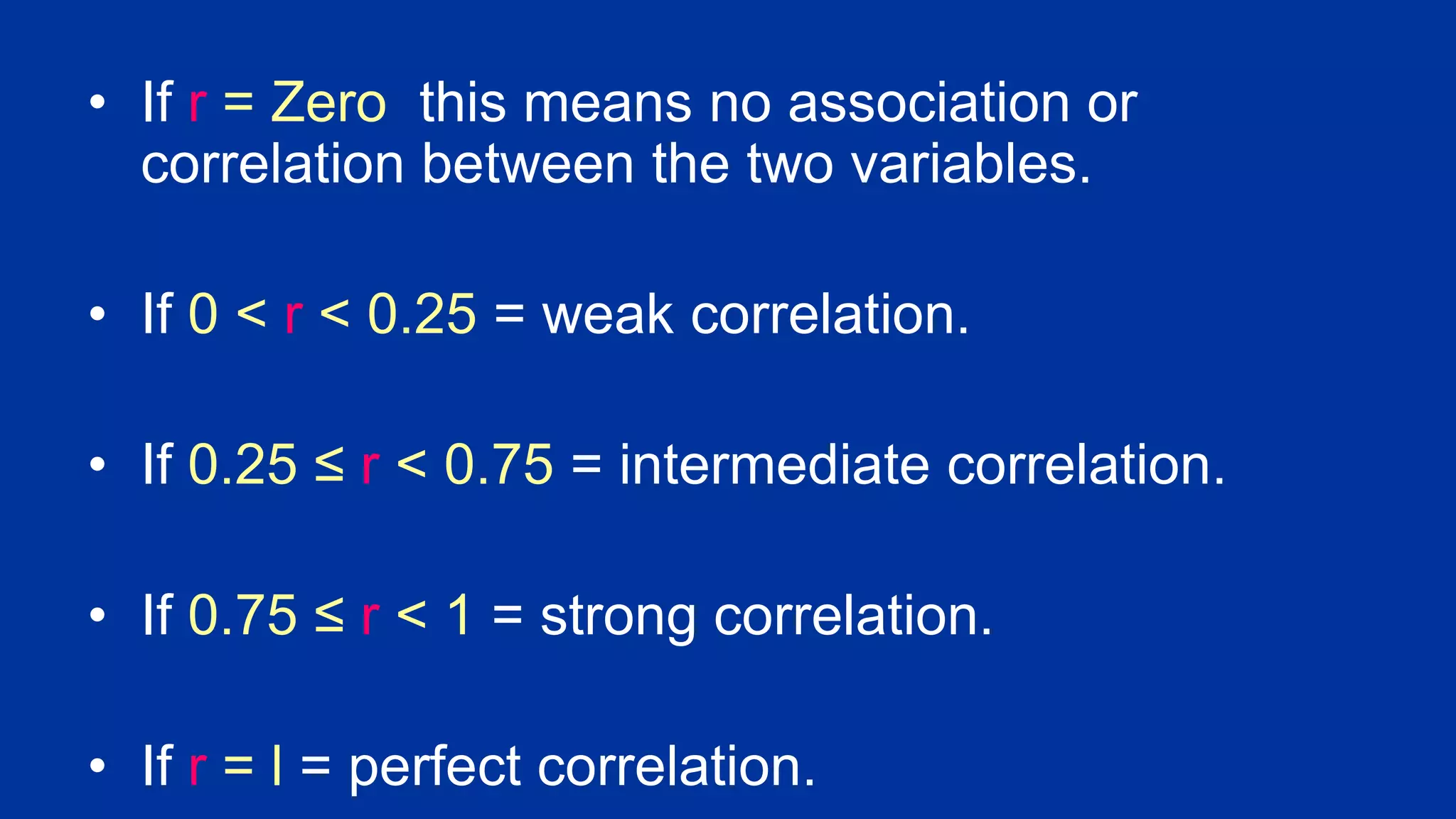 • If r = Zero this means no association or
correlation between the two variables.
• If 0 < r < 0.25 = weak correlation.
• If 0.25 ≤ r < 0.75 = intermediate correlation.
• If 0.75 ≤ r < 1 = strong correlation.
• If r = l = perfect correlation.
 