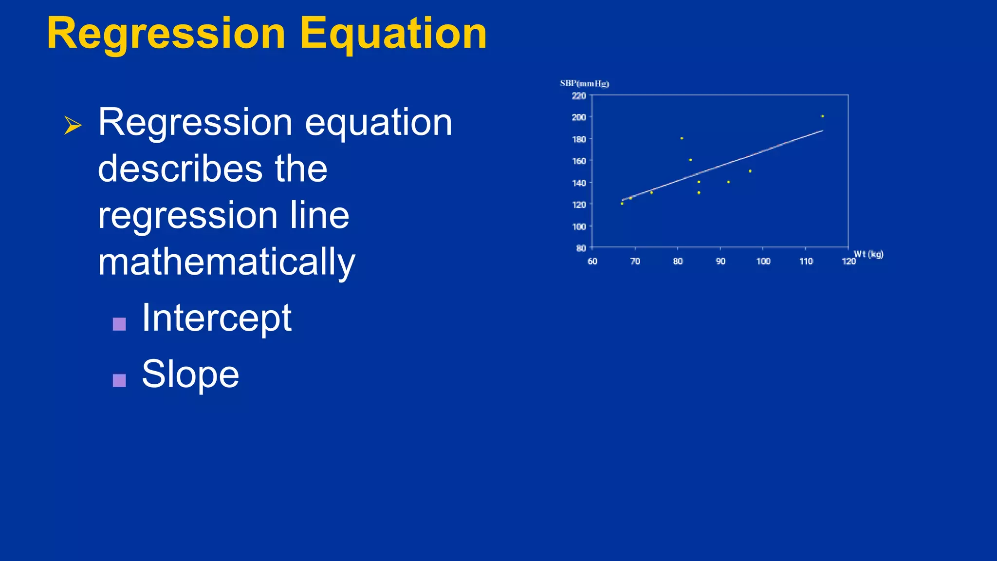 Regression Equation
⮚ Regression equation
describes the
regression line
mathematically
■ Intercept
■ Slope
 