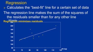 Regression
⮚ Calculates the “best-fit” line for a certain set of data
The regression line makes the sum of the squares of
the residuals smaller than for any other line
Regression minimizes residuals
 