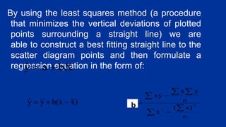 By using the least squares method (a procedure
that minimizes the vertical deviations of plotted
points surrounding a straight line) we are
able to construct a best fitting straight line to the
scatter diagram points and then formulate a
regression equation in the form of:
b
 