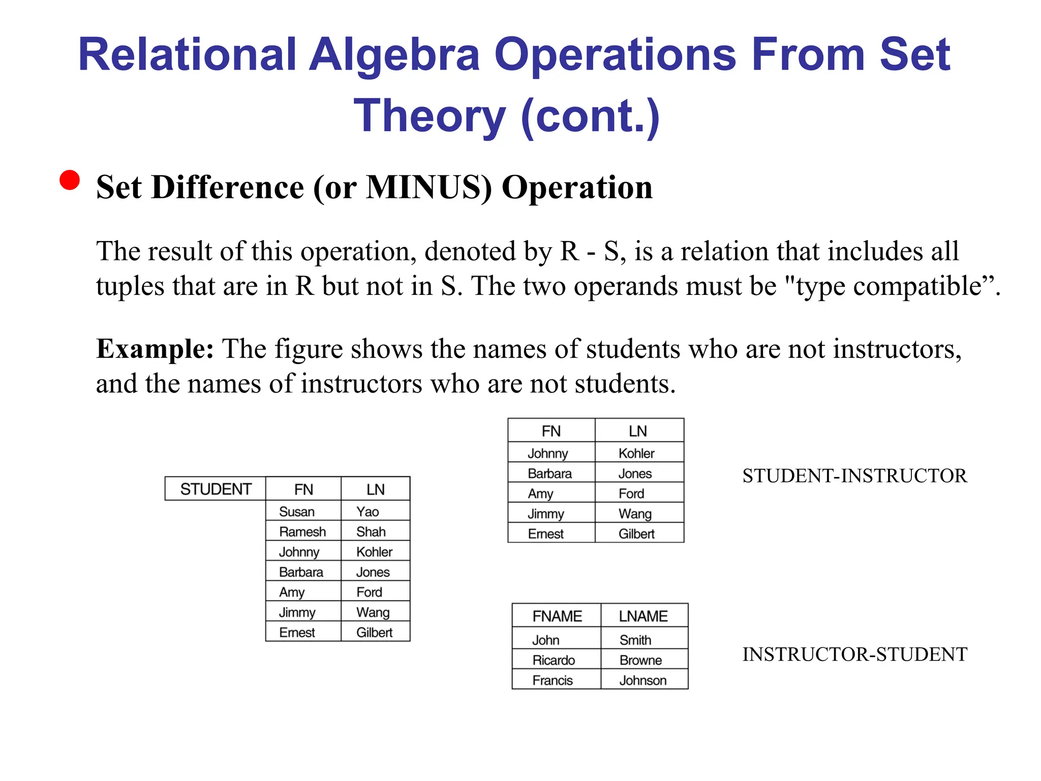 Relational Algebra Operations From Set
Theory (cont.)
Set Difference (or MINUS) Operation
The result of this operation, denoted by R - S, is a relation that includes all
tuples that are in R but not in S. The two operands must be "type compatible”.
Example: The figure shows the names of students who are not instructors,
and the names of instructors who are not students.
STUDENT-INSTRUCTOR
INSTRUCTOR-STUDENT
 