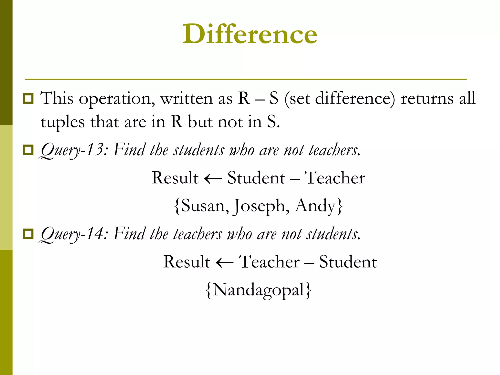 Difference
 This operation, written as R – S (set difference) returns all
tuples that are in R but not in S.
 Query-13: Find the students who are not teachers.
Result  Student – Teacher
{Susan, Joseph, Andy}
 Query-14: Find the teachers who are not students.
Result  Teacher – Student
{Nandagopal}
 