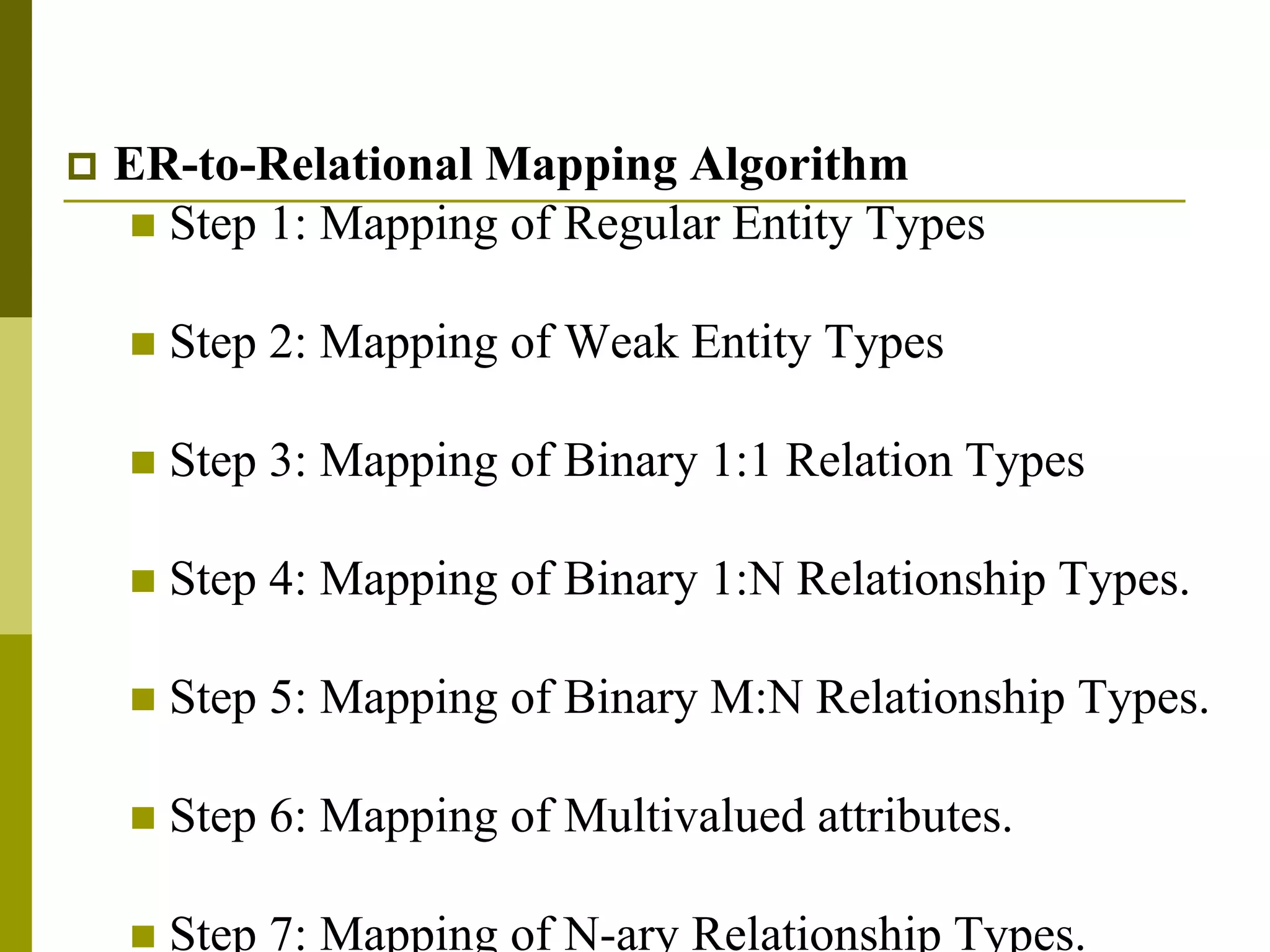  ER-to-Relational Mapping Algorithm
 Step 1: Mapping of Regular Entity Types
 Step 2: Mapping of Weak Entity Types
 Step 3: Mapping of Binary 1:1 Relation Types
 Step 4: Mapping of Binary 1:N Relationship Types.
 Step 5: Mapping of Binary M:N Relationship Types.
 Step 6: Mapping of Multivalued attributes.
 Step 7: Mapping of N-ary Relationship Types.
 